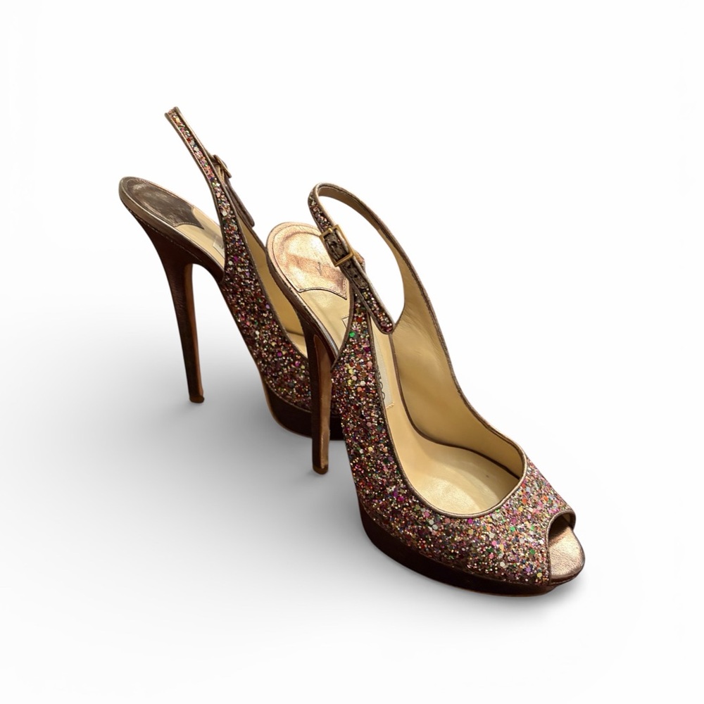 Jimmy Choo Iconic “Clue’ Multicolor Glitter Peep-Toe Slingback Heels - Picture 3 of 6